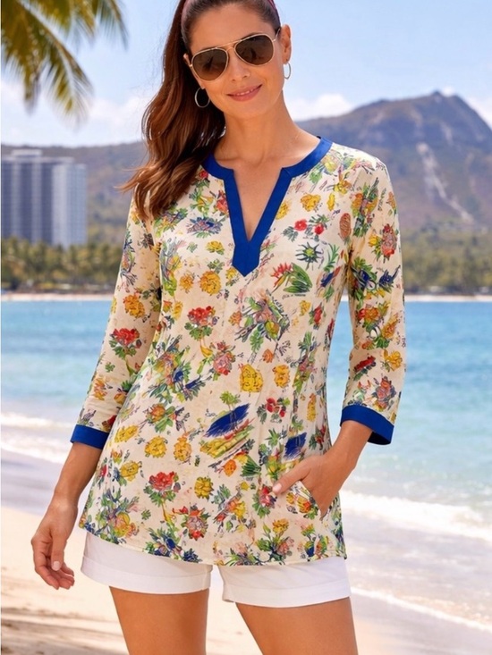 J. Crew Tops - J. Crew White Hawaiian Print Tunic with Blue Trim
